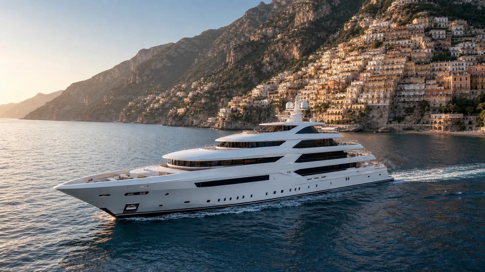 Luxury yacht anchored near Positano and the Amalfi Coast