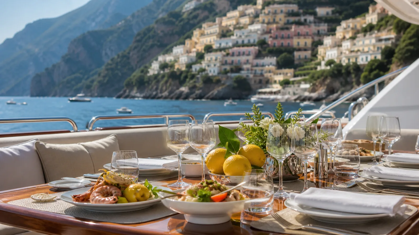 Guests enjoying lunch on the aft deck during an Amalfi Coast yacht charter