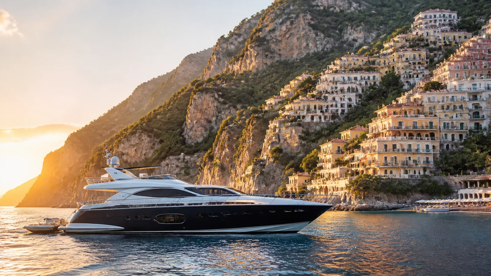 Motor yacht cruising below Positano cliffs during an Amalfi Coast yacht charter