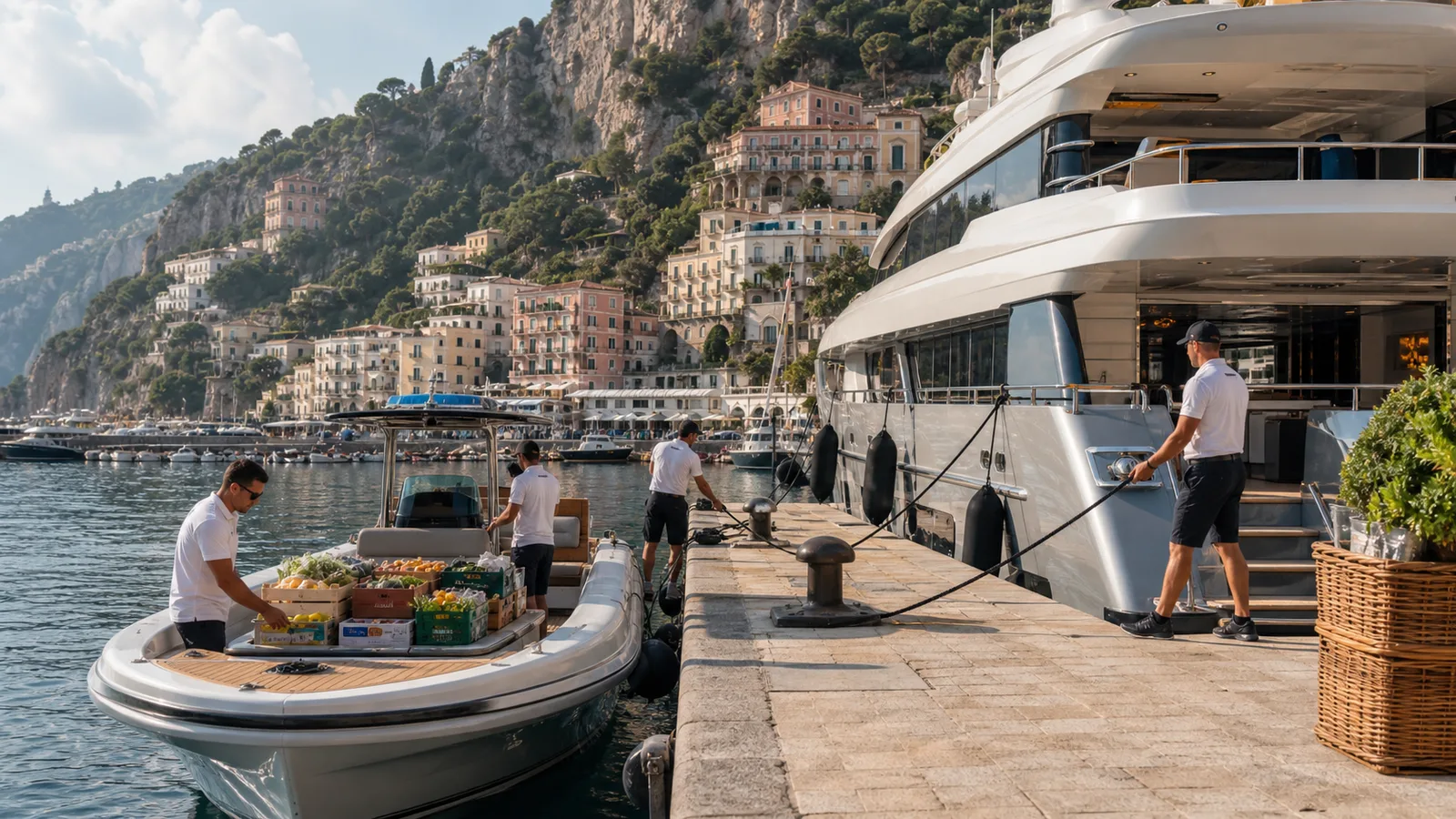 Crew arranging provisions and tender access before an Amalfi Coast yacht charter